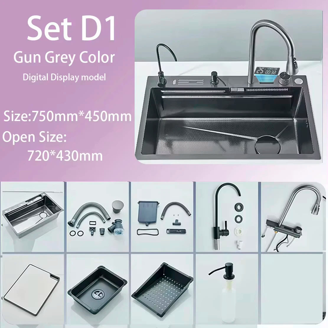 Stainless Steel Kitchen Waterfall Sink Digital Display Large Single Sink Dish Basin Sink Purification water Cup Washer Crane