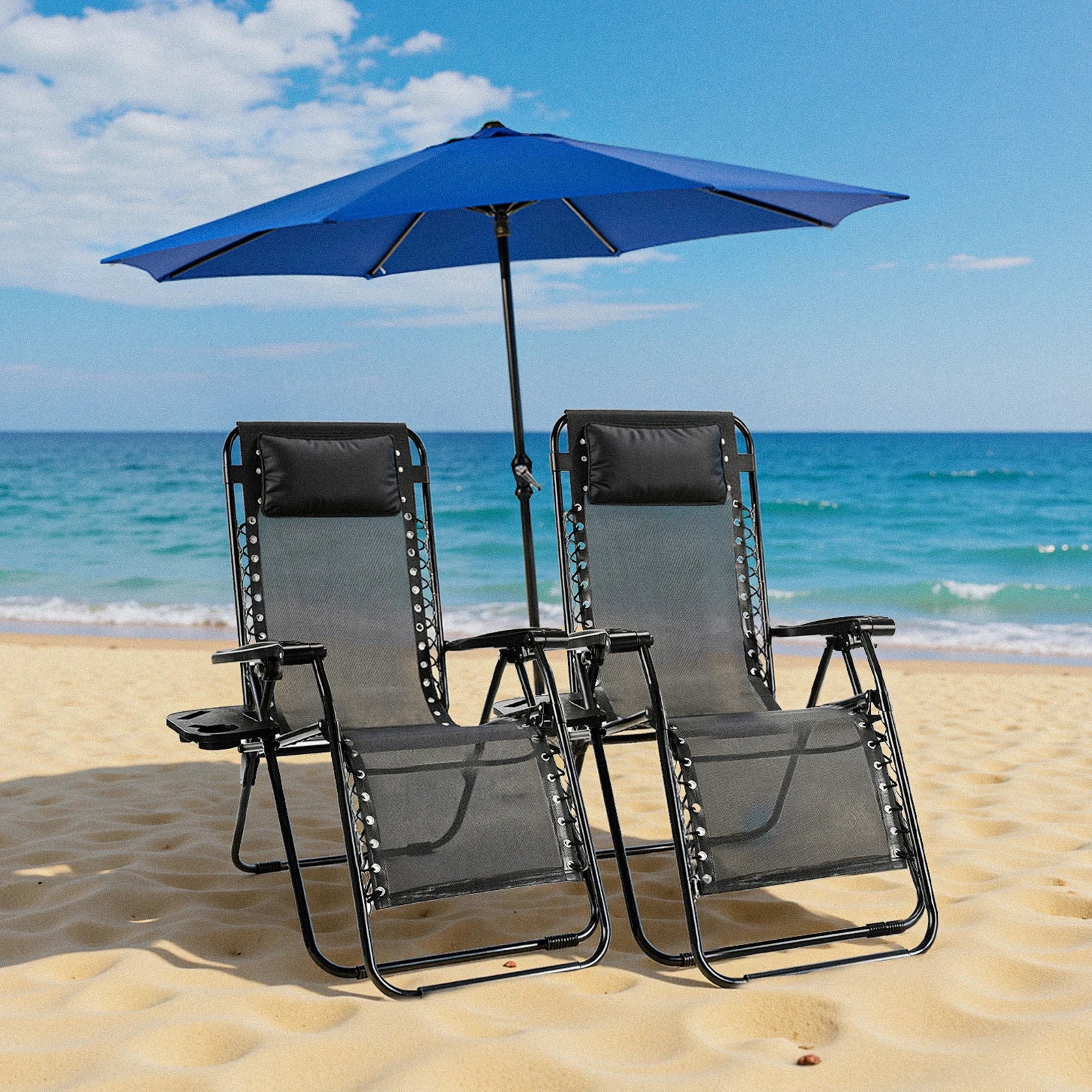 Recliner Camping Patio Outdoor Garden Lounge Chair with Cup Holder Trays Adjustable Pillow for Backyard