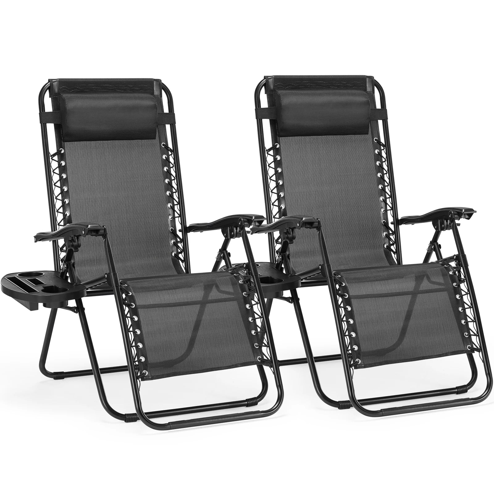 Recliner Camping Patio Outdoor Garden Lounge Chair with Cup Holder Trays Adjustable Pillow for Backyard