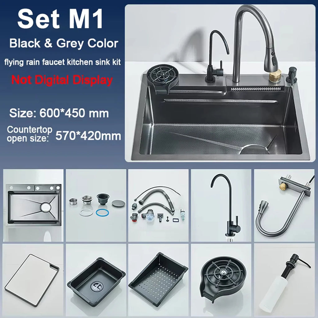 Stainless Steel Kitchen Waterfall Sink Digital Display Large Single Sink Dish Basin Sink Purification water Cup Washer Crane
