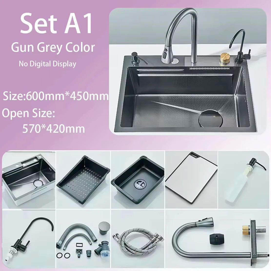 Stainless Steel Kitchen Waterfall Sink Digital Display Large Single Sink Dish Basin Sink Purification water Cup Washer Crane