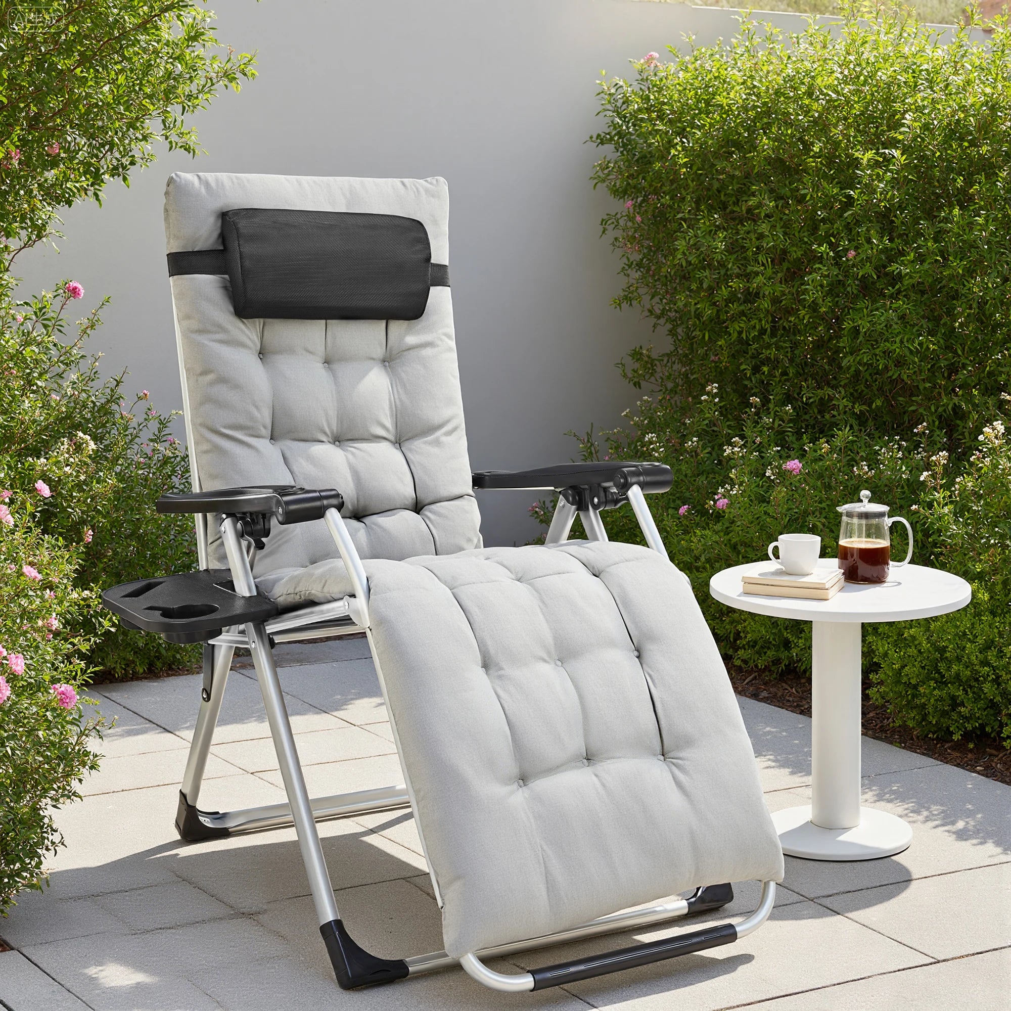 Recliner Camping Patio Outdoor Garden Lounge Chair with Cup Holder Trays Adjustable Pillow for Backyard