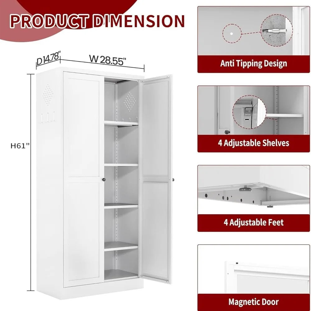 61" White Kitchen Pantry Cabinet with Adjustable Shelves and 2 Doors, Freestanding Assembly Required