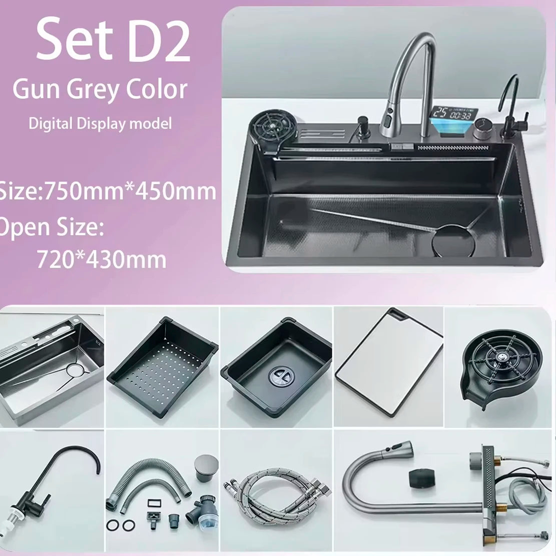 Stainless Steel Kitchen Waterfall Sink Digital Display Large Single Sink Dish Basin Sink Purification water Cup Washer Crane