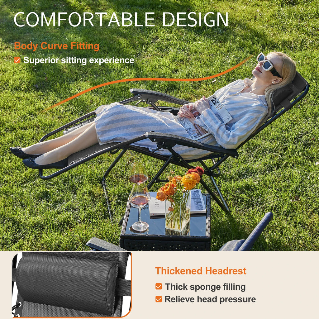 Recliner Camping Patio Outdoor Garden Lounge Chair with Cup Holder Trays Adjustable Pillow for Backyard