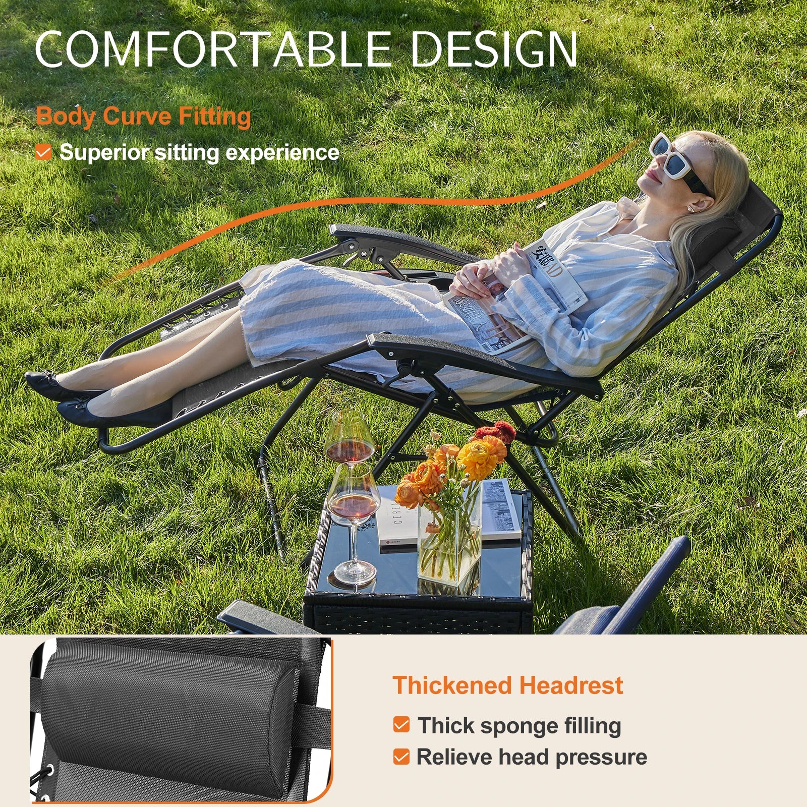 Recliner Camping Patio Outdoor Garden Lounge Chair with Cup Holder Trays Adjustable Pillow for Backyard