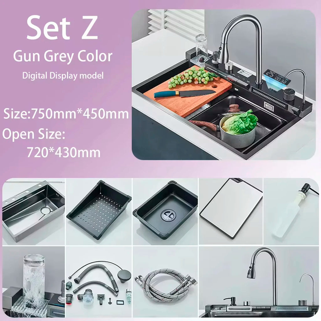 Stainless Steel Kitchen Waterfall Sink Digital Display Large Single Sink Dish Basin Sink Purification water Cup Washer Crane