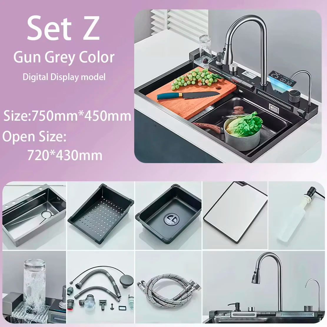 Stainless Steel Kitchen Waterfall Sink Digital Display Large Single Sink Dish Basin Sink Purification water Cup Washer Crane
