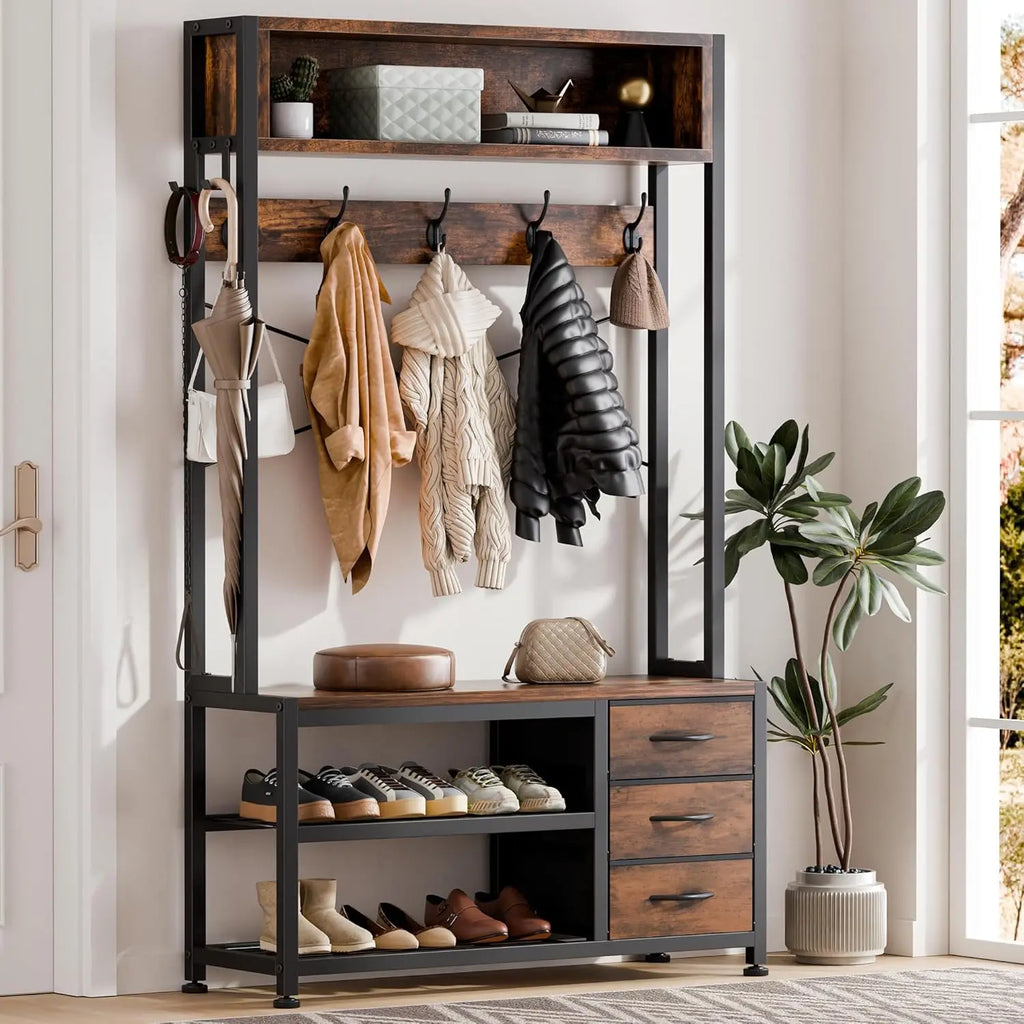 Hall Tree with Bench and Shoe Storage, 31.5" Coat Rack Freestanding with 2-Tier Storage Shelf, 6-in-1 Entryway Bench Coat Rack w