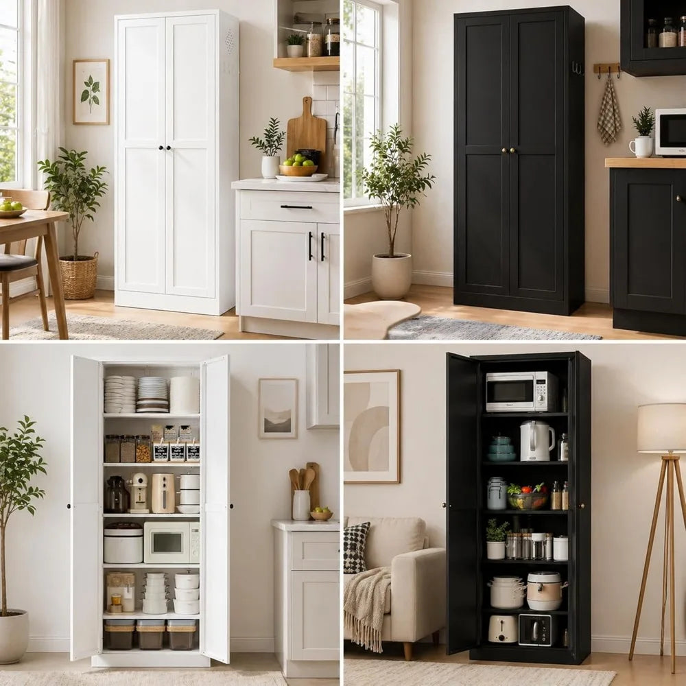 61" White Kitchen Pantry Cabinet with Adjustable Shelves and 2 Doors, Freestanding Assembly Required