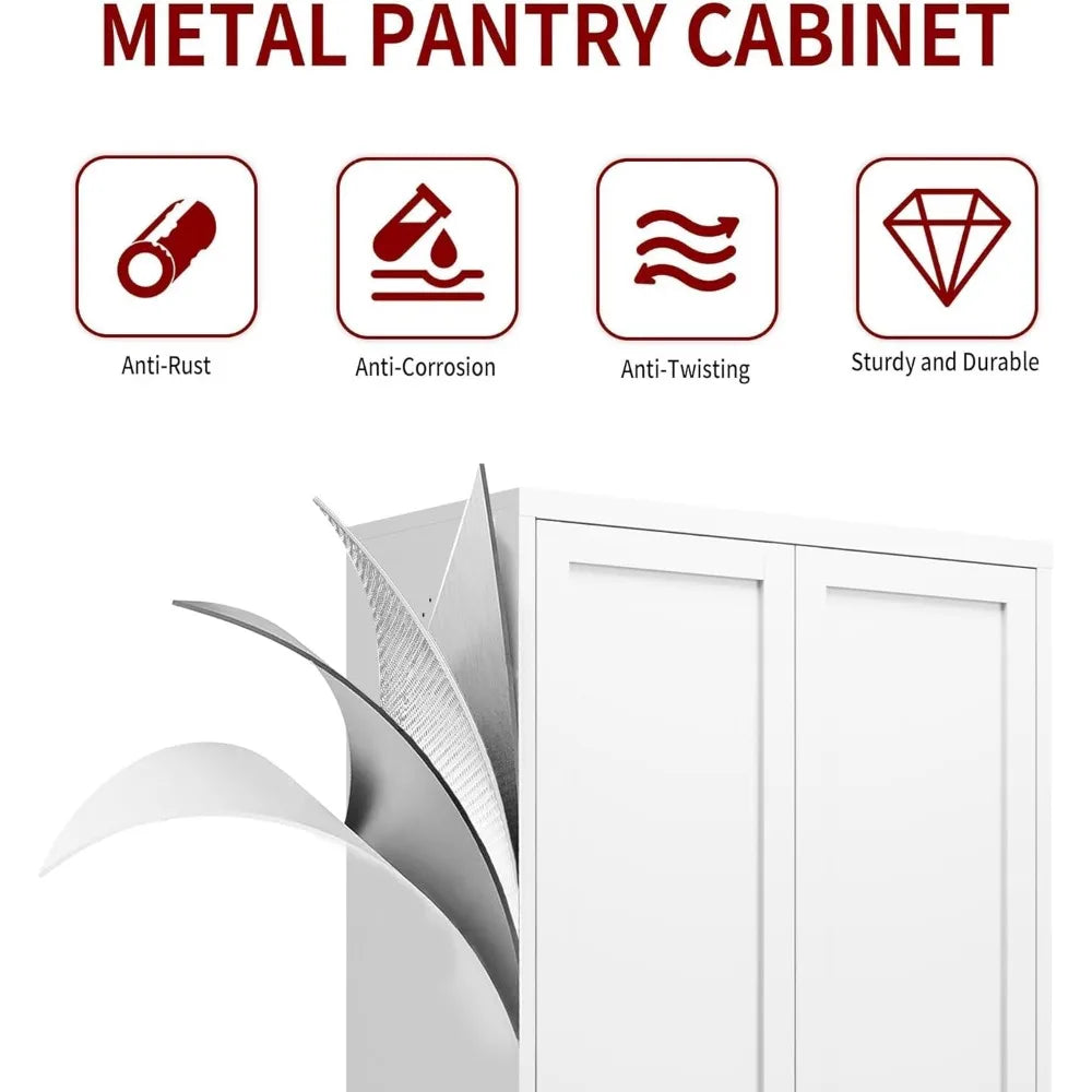 61" White Kitchen Pantry Cabinet with Adjustable Shelves and 2 Doors, Freestanding Assembly Required