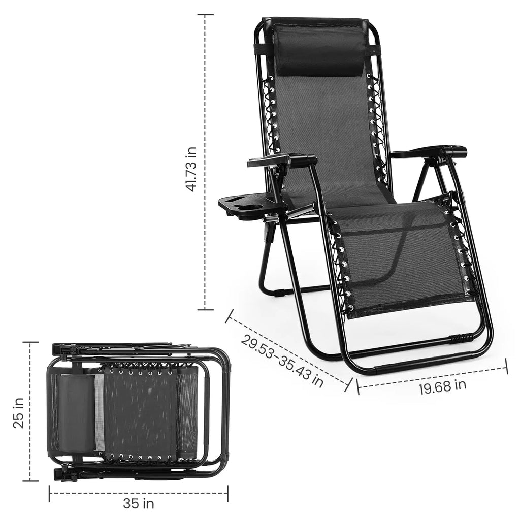 Recliner Camping Patio Outdoor Garden Lounge Chair with Cup Holder Trays Adjustable Pillow for Backyard