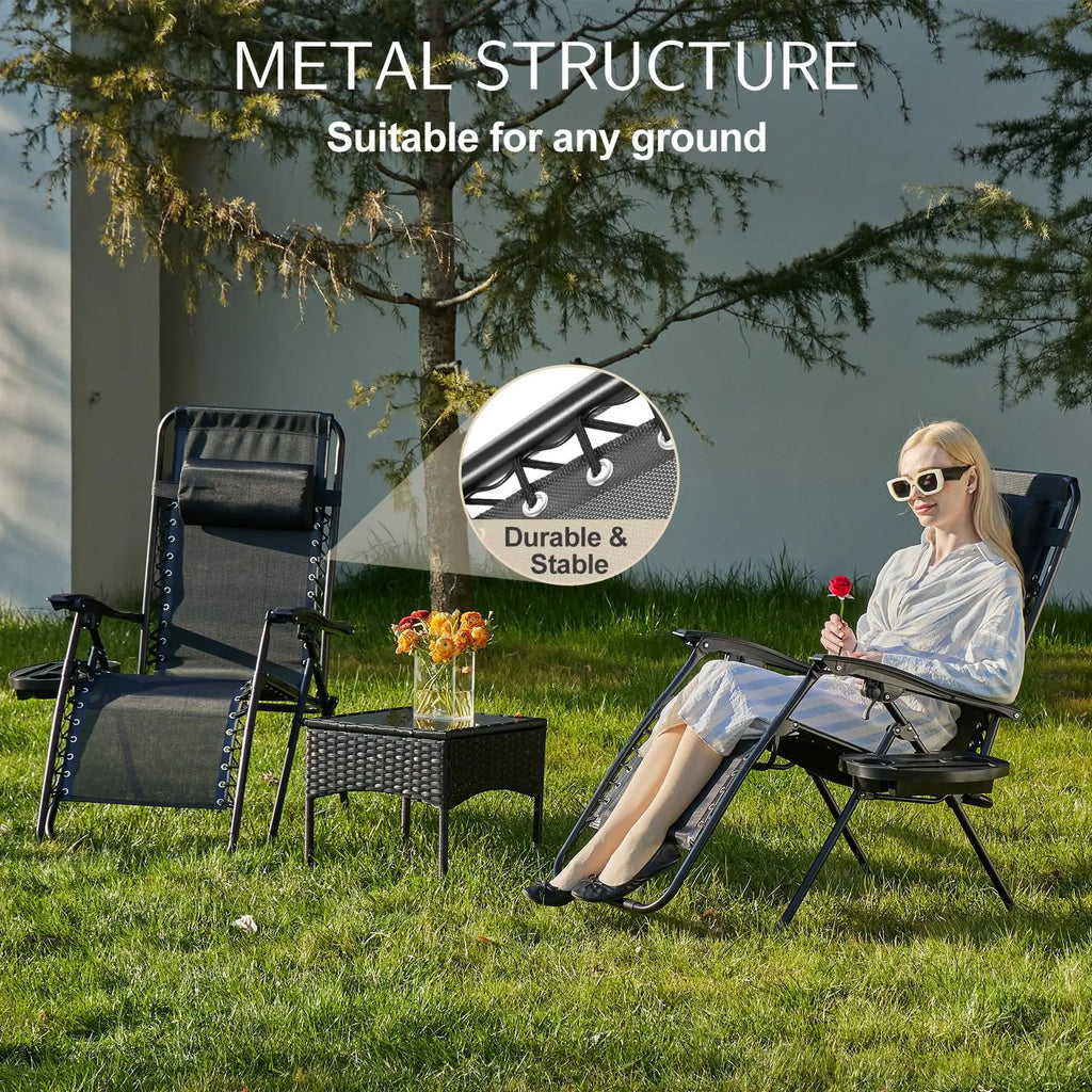 Recliner Camping Patio Outdoor Garden Lounge Chair with Cup Holder Trays Adjustable Pillow for Backyard