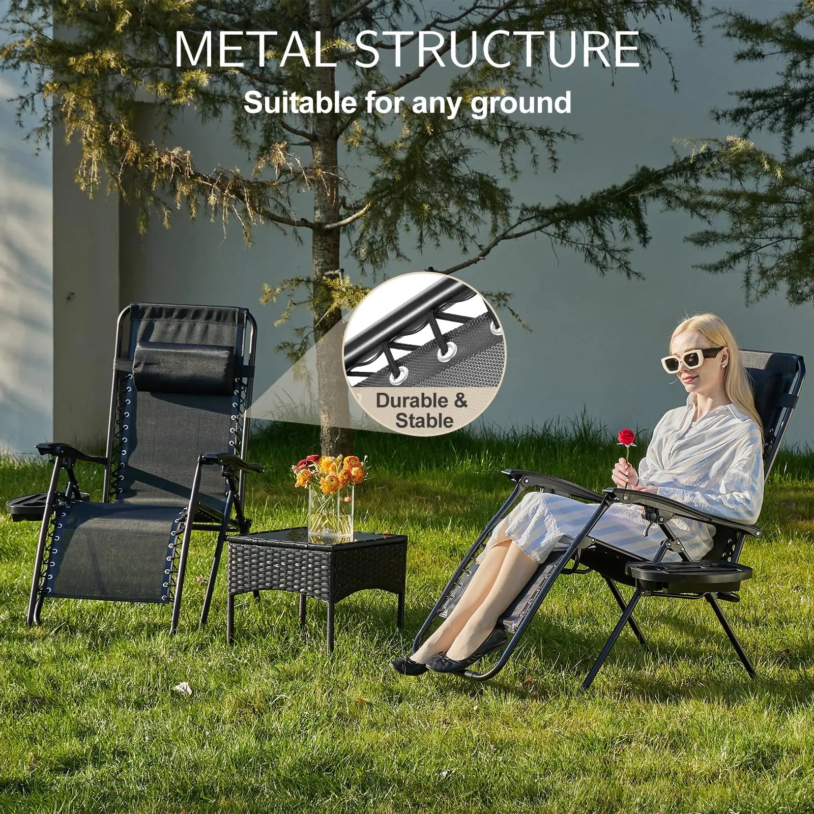 Recliner Camping Patio Outdoor Garden Lounge Chair with Cup Holder Trays Adjustable Pillow for Backyard