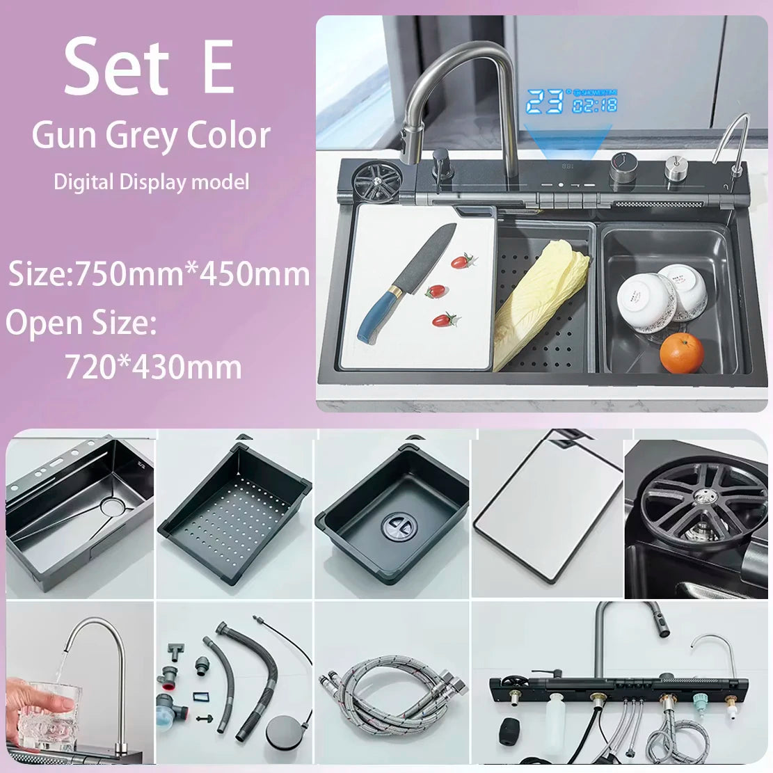 Stainless Steel Kitchen Waterfall Sink Digital Display Large Single Sink Dish Basin Sink Purification water Cup Washer Crane