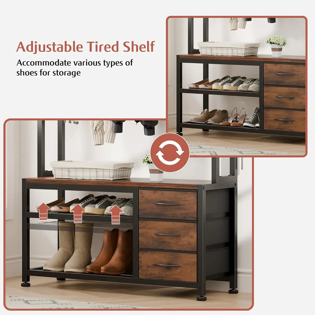 Hall Tree with Bench and Shoe Storage, 31.5" Coat Rack Freestanding with 2-Tier Storage Shelf, 6-in-1 Entryway Bench Coat Rack w