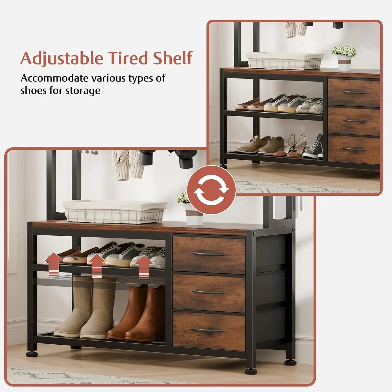 Hall Tree with Bench and Shoe Storage, 31.5" Coat Rack Freestanding with 2-Tier Storage Shelf, 6-in-1 Entryway Bench Coat Rack w