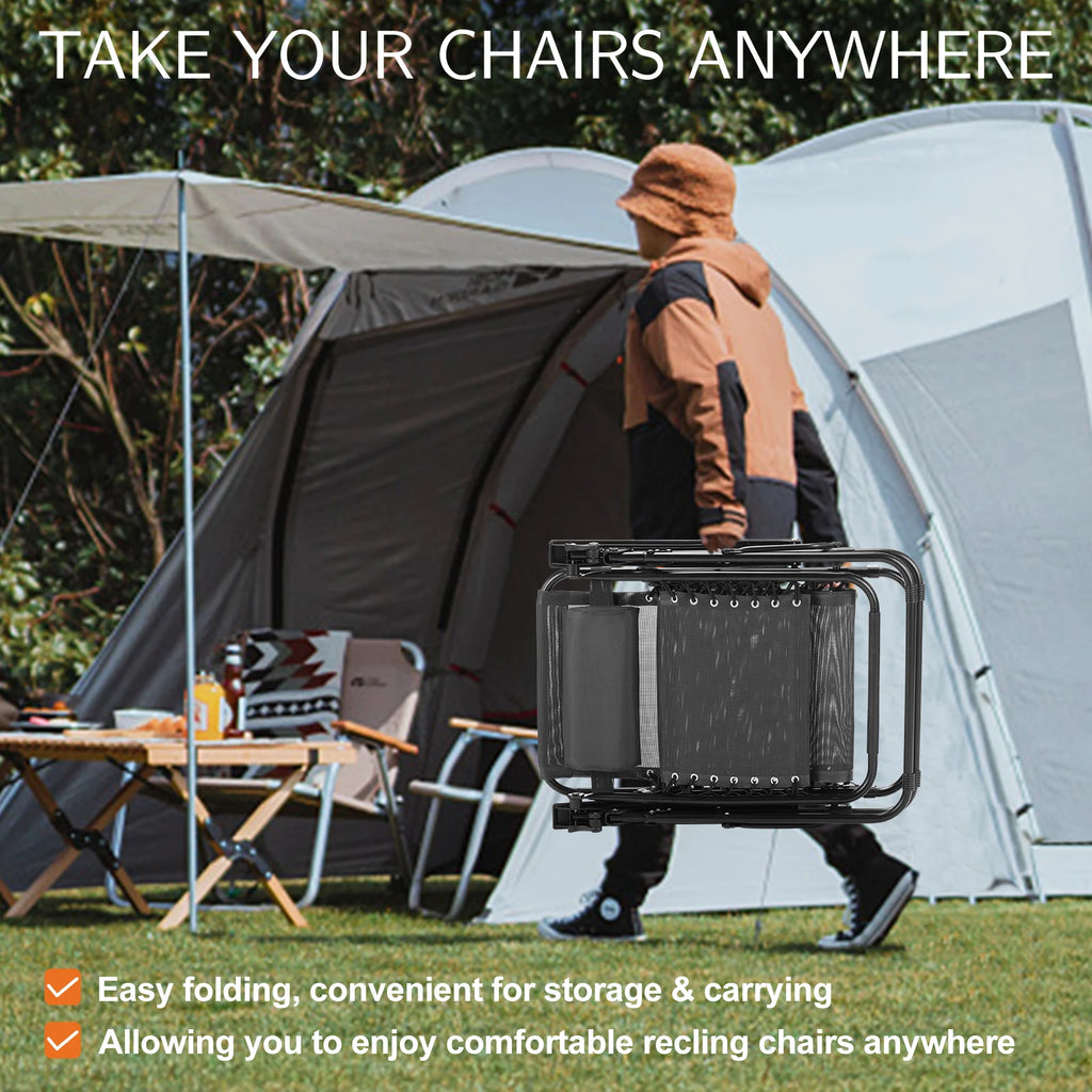 Recliner Camping Patio Outdoor Garden Lounge Chair with Cup Holder Trays Adjustable Pillow for Backyard