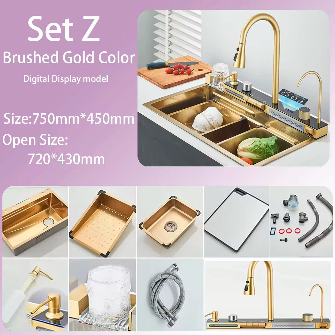 Stainless Steel Kitchen Waterfall Sink Digital Display Large Single Sink Dish Basin Sink Purification water Cup Washer Crane