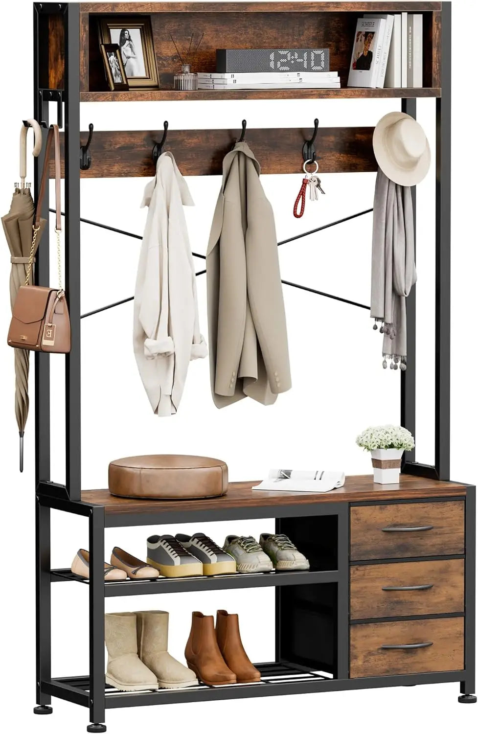 Hall Tree with Bench and Shoe Storage, 31.5" Coat Rack Freestanding with 2-Tier Storage Shelf, 6-in-1 Entryway Bench Coat Rack w