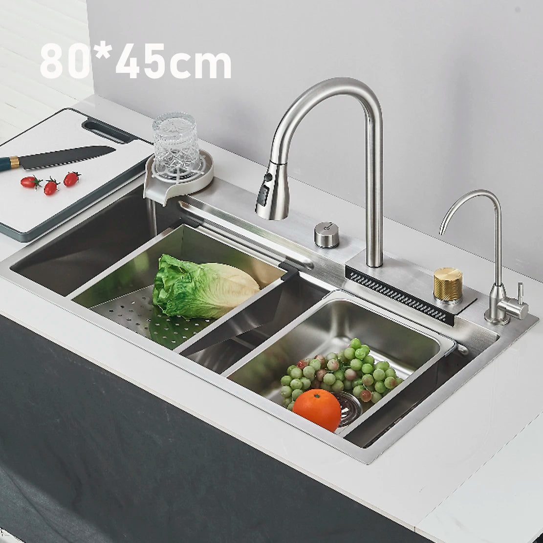 Stainless Steel Kitchen Waterfall Sink Digital Display Large Single Sink Dish Basin Sink Purification water Cup Washer Crane