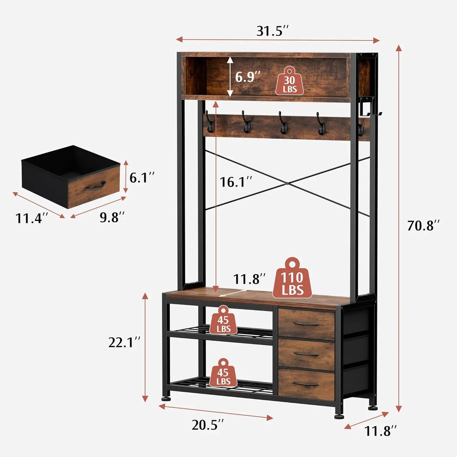Hall Tree with Bench and Shoe Storage, 31.5" Coat Rack Freestanding with 2-Tier Storage Shelf, 6-in-1 Entryway Bench Coat Rack w